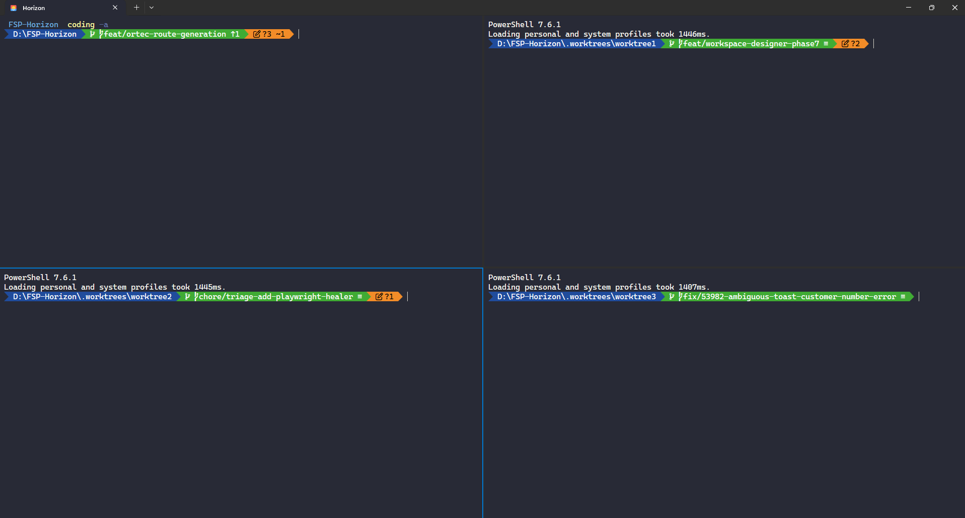 Three worktree panes opened by coding -Add
