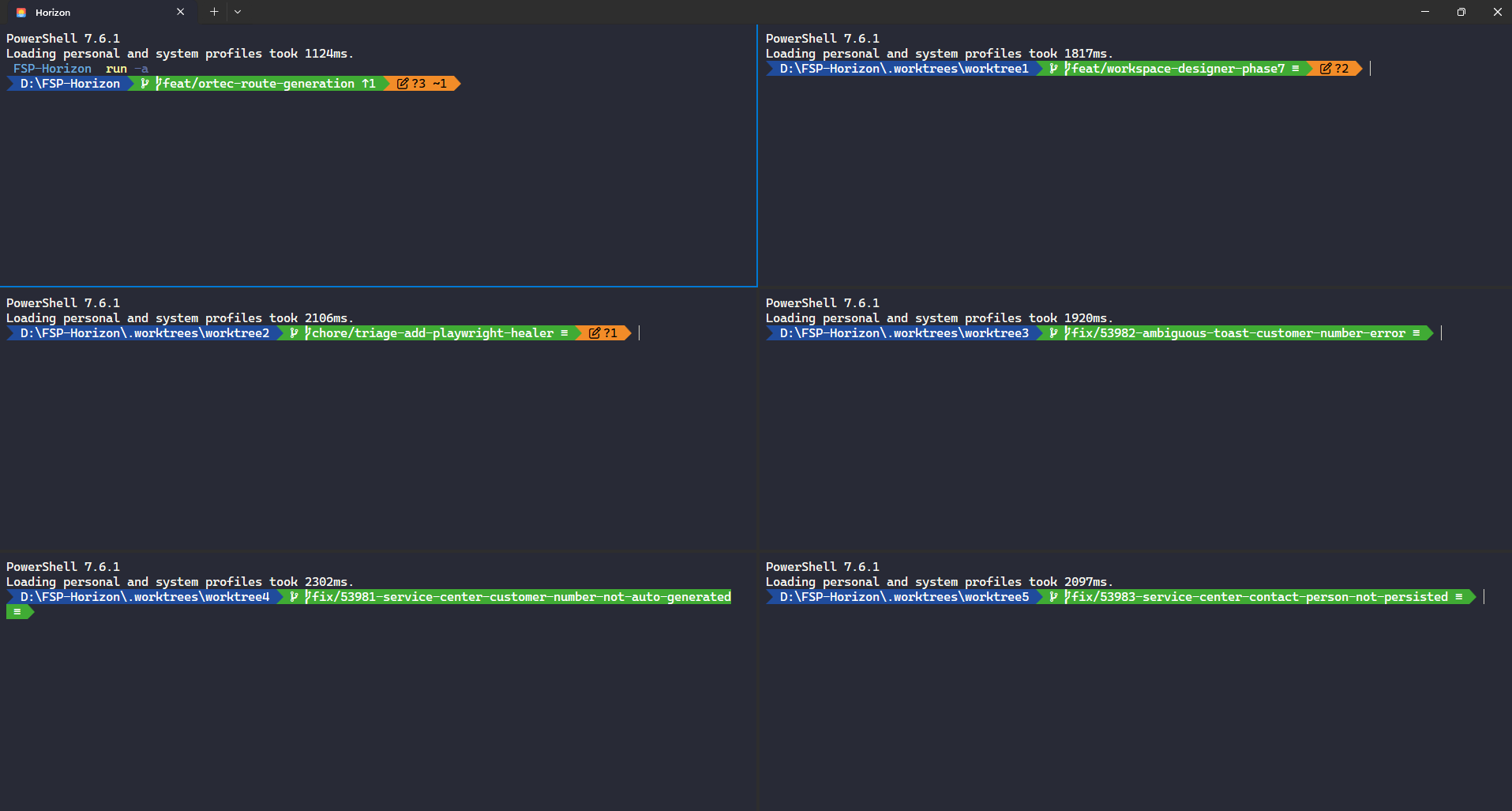 Five worktree panes opened by run -Add